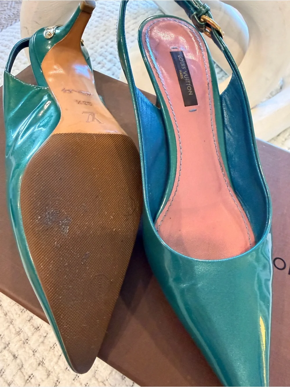 Louis Vuitton Teal Patent Pointed-Toe Slingback Heels